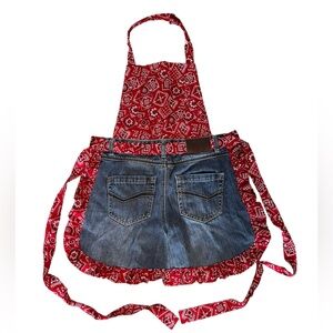 Unique Red Bandana and Denim Apron with pockets. Small